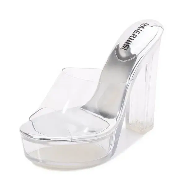 Nanaoutfit Women Fashion Plus Size Transparent Crystal Chunky Heel Platform High