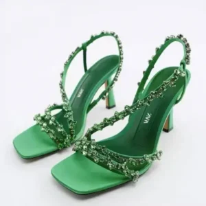 Nanaoutfit Women Fashion Plus Size Sexy Rhinestone Strap Square Toe Heeled Sandals