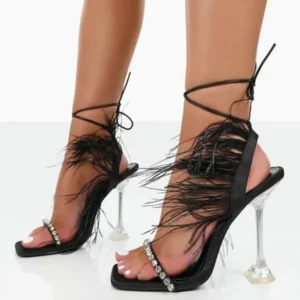 Nanaoutfit Women Fashion Sexy Rhinestone Feather Decorative Solid Color High Heel Sandals Shoes