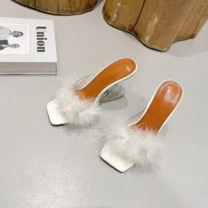 Nanaoutfit Women Fashion Sexy Feather Decoration Solid Color Chunky High Heel Slippers Shoes