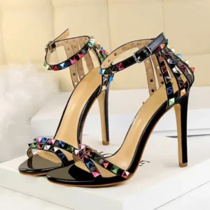 Nanaoutfit Fashion Women Sexy 11cm High Heels Rivets Studded Sandals Ankle Buckle Strap Stiletto Shoes