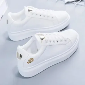 Nanaoutfit Women Casual Fashion Rose Embroidery Thick-Soled Comfortable PU Leather White Sneakers