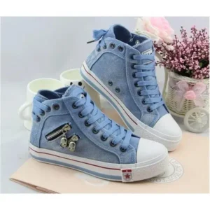 Nanaoutfit Women Casual Spring Zipper Decor Lace-Up High Top Denim Canvas Sneakers