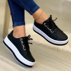 Nanaoutfit Women Casual Round Toe Lace-Up Block Color Platform Shoes PU Sneakers