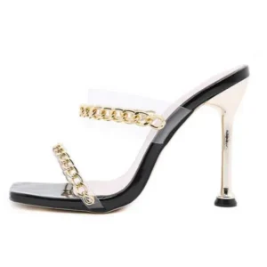 Nanaoutfit Women Sexy Plus Size Metal Chain Square-Toe High Heel Sandals