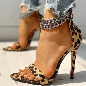 Nanaoutfit Women Sexy Metal Chain Buckle Ankle Strap Animal Printed High Heels