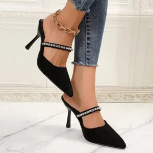 Nanaoutfit Summer Women Fashion Plus Size Elegant Pointed Toe Strap Rhinestone Stiletto Heel Slippers