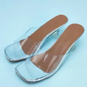 Nanaoutfit Women Fashion Casual Square Toe Transparent Design Mid Heel Slippers