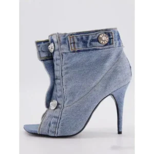 Nanaoutfit Women Fashion High Heel Denim Button High Top Boots