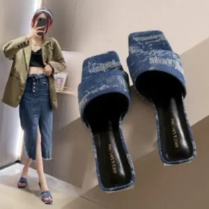 Nanaoutfit Women Fashion Casual PU Denim Square Toe Chunky Heel Slippers