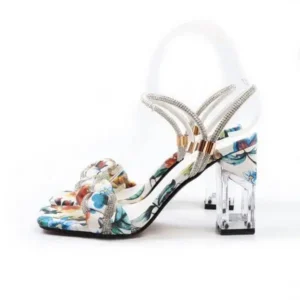 Nanaoutfit Women Fashion Sexy PU Rhinestone Floral Printed Square Toe Chunky Heel ?Sandals