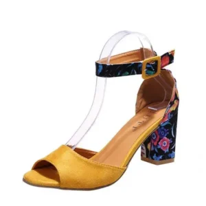 Nanaoutfit Women Fashion Sexy PU Floral Printed Peep Toe Chunky Heel Ankle Strap Buckle Sandals