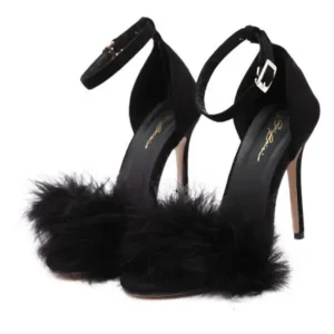 Nanaoutfit Women Fashion Sexy PU Solid Color Feather Peep Toe Stiletto Heel Ankle Strap Buckle Sandals