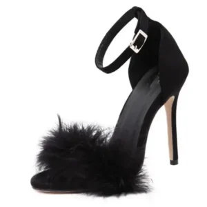 Nanaoutfit Women Fashion Sexy Solid Color Feather Peep Toe Stiletto Heel Ankle Strap Buckle Sandals