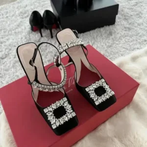 Nanaoutfit Women Fashion Elegant PU Square Toe Rhinestone Stiletto Heel Ankle Strap Buckle Sandals