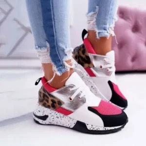 Nanaoutfit Women Casual Leopard Printed Patchwork Lace Up Sneakers