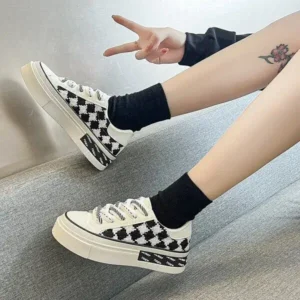 Nanaoutfit Women Fashion Platform Checkerboard Canvas Sneakers