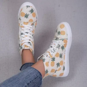 Nanaoutfit Women Fashion Round Toe Lace-Up Pineapple Strawberry Flat Sneakers