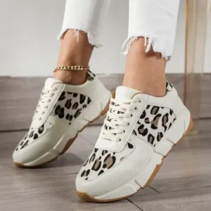 Nanaoutfit Women Fashion Round Toe Stitching Lace Up Low Top Leopard Sports Sneakers